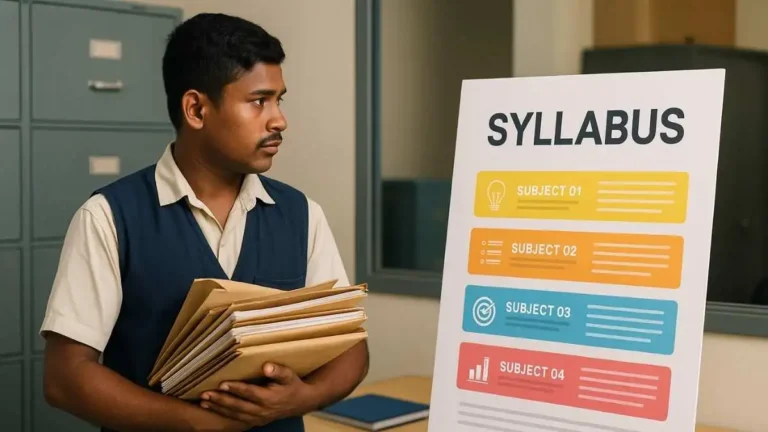 Helper-type office worker holding a stack of files and looking at a colorful infographic displaying the Rajasthan 4th Grade syllabus PDF and exam pattern, with four subject bars and icons.