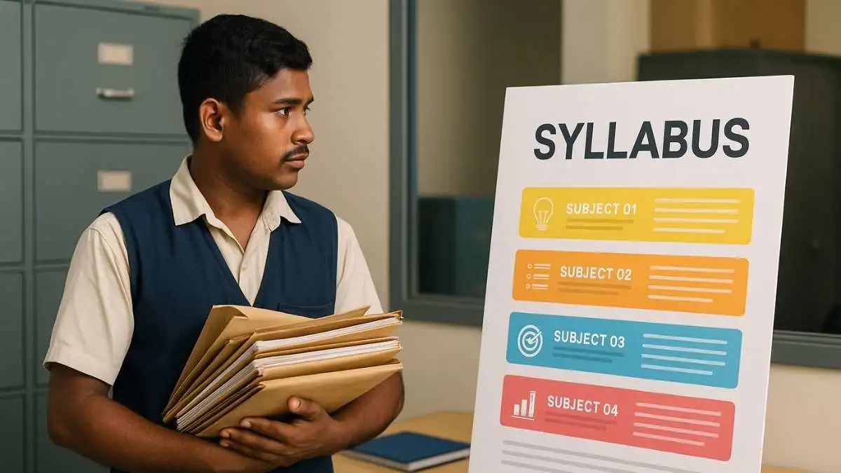 Helper-type office worker holding a stack of files and looking at a colorful infographic displaying the Rajasthan 4th Grade syllabus PDF and exam pattern, with four subject bars and icons.