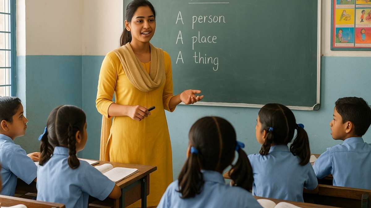 Indian female teacher in yellow salwar kameez teaching primary school students in classroom for REET Level 1 (Mains) exam preparation