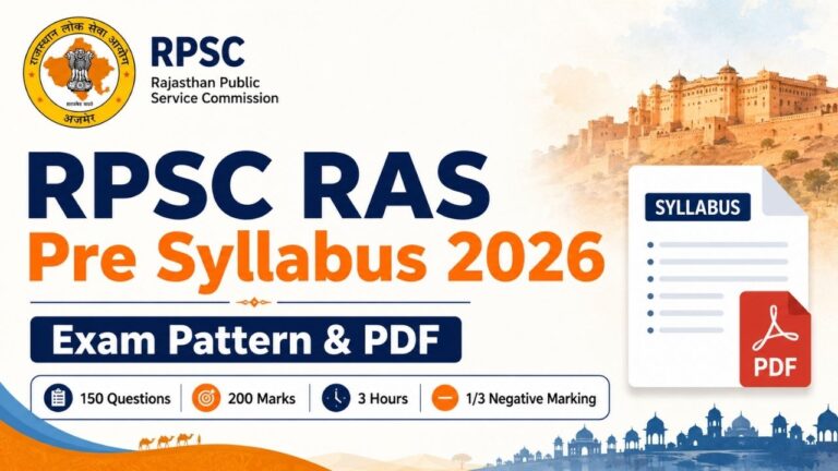 RPSC RAS Pre Syllabus 2026 feature image with RPSC logo, exam pattern and PDF details including 150 questions, 200 marks, 3 hours and 1/3 negative marking